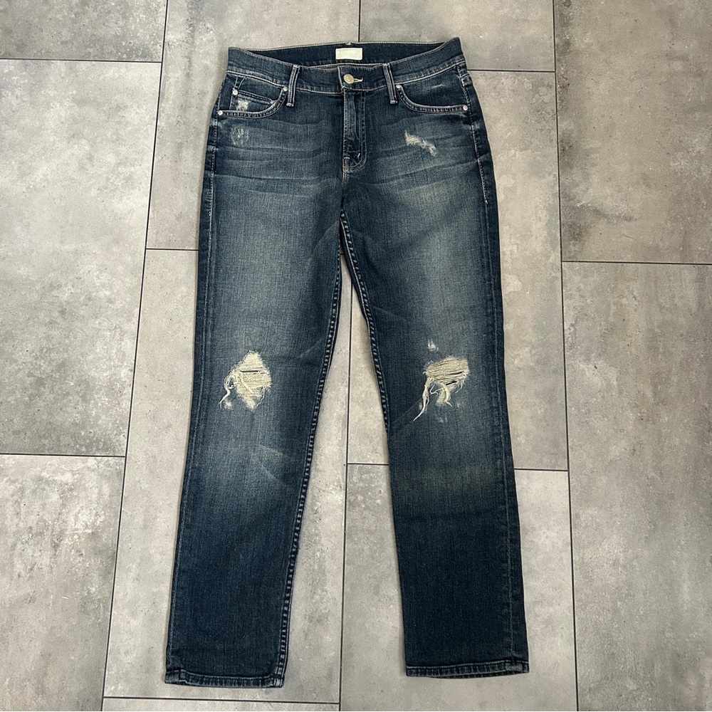 Mother the dropout tarnished wash straight leg blue jeans 25